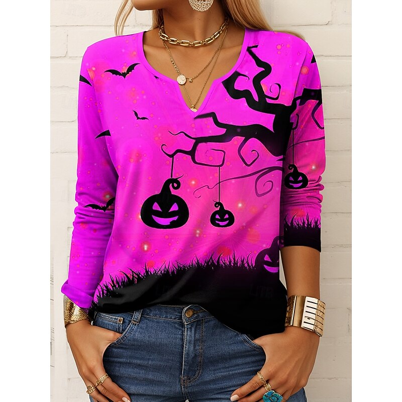 Halloween Women's T shirt Pumpkin Long Sleeve Graphic Vintage Stylish Casual Long Sleeve Notched Neck Regular Tops Daily Print Blue Purple Orange Green Spring Fall Prefall3