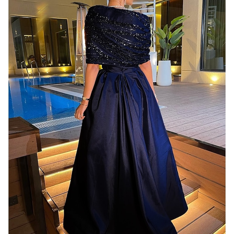 Formal Cape Dress Evening Gown Dark Navy Beaded Elegant Dress Formal Wedding Floor Length Sleeveless Off Shoulder Lace with Bow(s) Pleats 20254