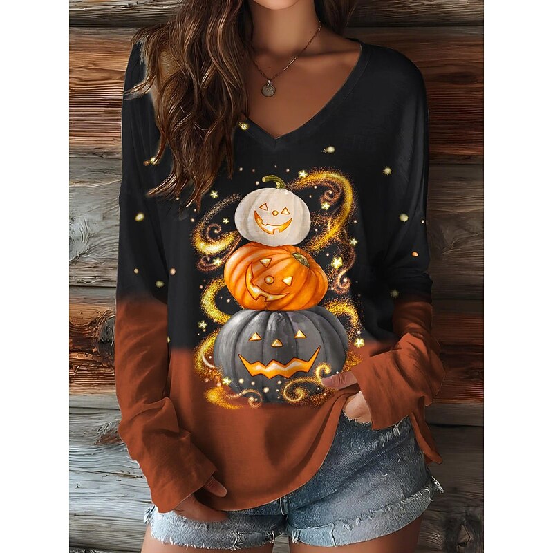Halloween Women's T shirt Pumpkin Graphic Vintage Stylish Casual Long Sleeve V Neck Regular Tops Daily Weekend Print Black Yellow Orange Brown Spring Fall3