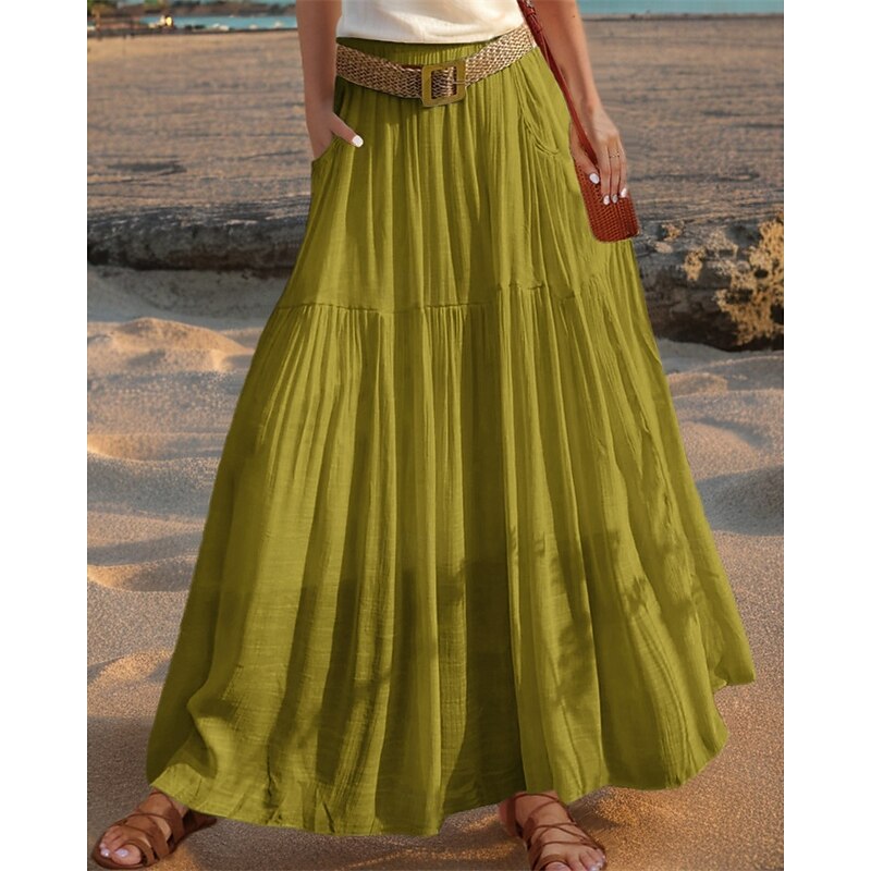 Women's Asian Size Swing Linen Skirts Casual Summer Midi High Waist Skirts Solid Colored Ruched Pleated Pocket Micro-elastic Vacation Daily Apple Green Red Royal Blue Dark Green Spring, Fall, Winter2
