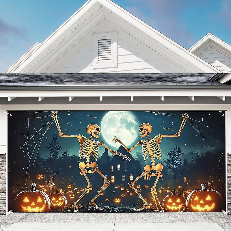 Halloween Tapestry Garage Door Cover Large Hanging Backdrop Skeleton Moon Funny Fantasy Psychedelic Party Outdoor Shooting Backgrounds Front Door Home Decor3