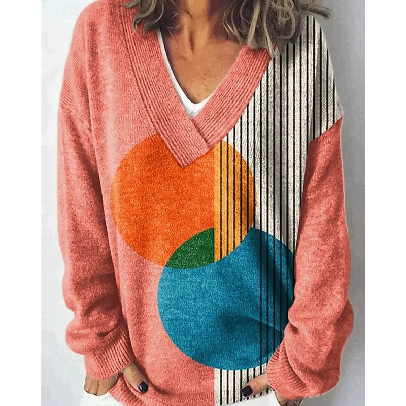 Women's Sweater Fashion Color Block Ribbed V Neck Knitted Long Sleeve Regular Tops Knit Holiday Going out Weekend Orange Winter