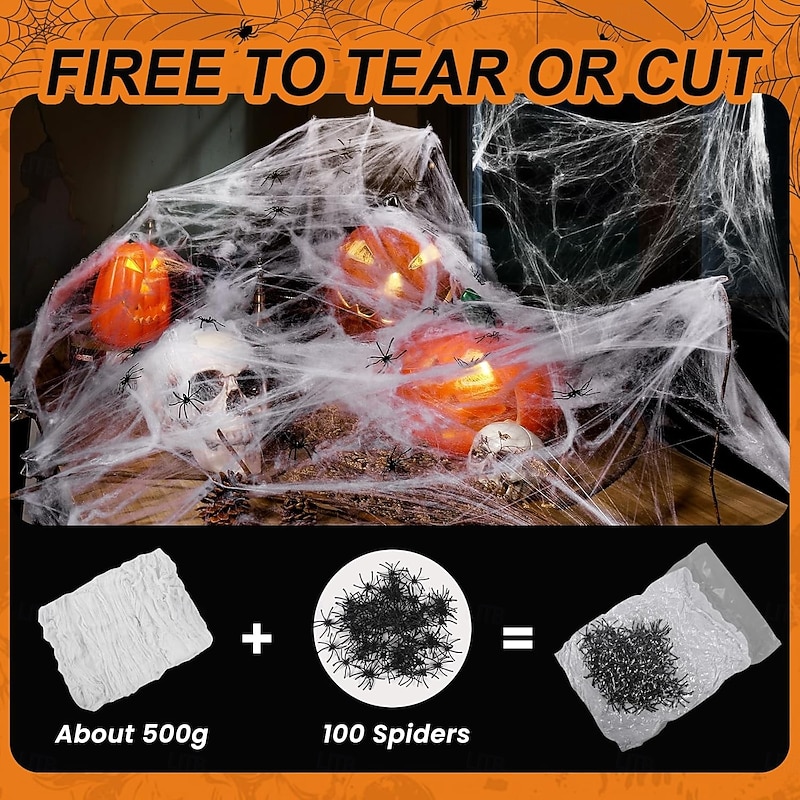 1800 sqft Halloween Spider Web, Bonus with 100 Artificial Spiders, Fabric Spider Webbing, Cobweb Halloween Decor for Indoor and Outdoor Party Supplies2