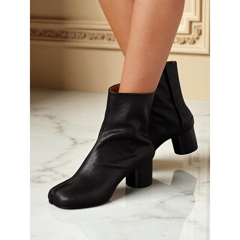 Women's Brown Faux Leather Tabi Mid-Calf Boots - Split Toe Chunky Heel Booties with Side Zip, Minimalist Modern Style for Fashion Events, Casual Wear and Fall Winter Street Outfits4