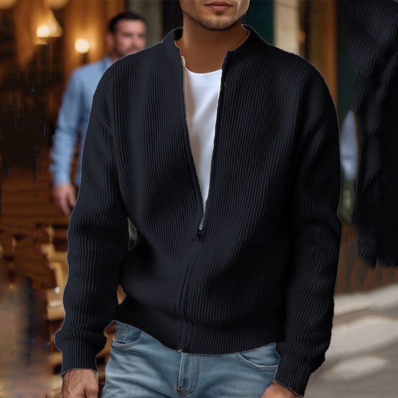 Men's Cardigan Sweater Cropped  Sweater Zip Sweater Knit Sweater Ribbed Knit Regular Tops Pocket Plain Stand Collar Fashion Classic Vacation Daily Wear Clothing Apparel Fall Winter Black Beige M L XL3