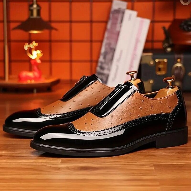 Men's Tan and Black Colorblock Formal Shoes with Patent Finish – Fashion-Forward Dress Shoes for Parties and Special Occasions2