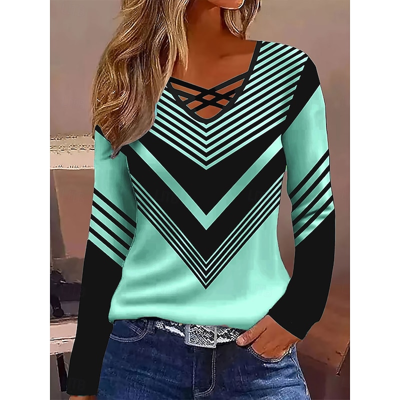 Women's T Shirt Graphic Geometry Vintage Stylish Classic Long Sleeve V Neck Regular Tops Daily Cut Out Print White Pink Blue Green Spring Fall4