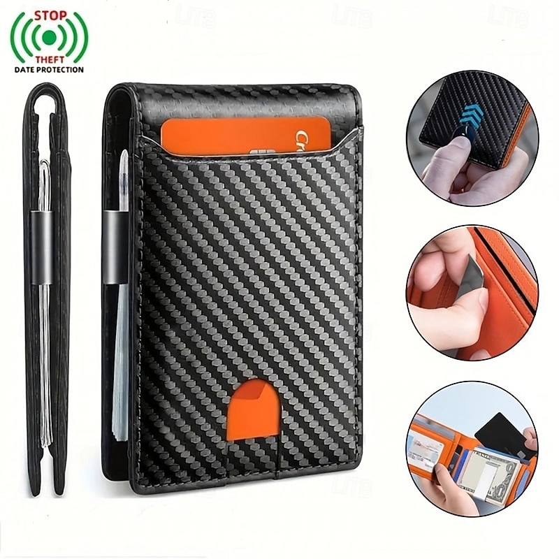 RFID Blocking Carbon Fiber Men's Wallet, Slim Wallet Christmas Gift for Men Short Bifold Leather Card Holder, ID and Credit Card Protector, Large Capacity, Portable Men's Wallet for Everyday Use
