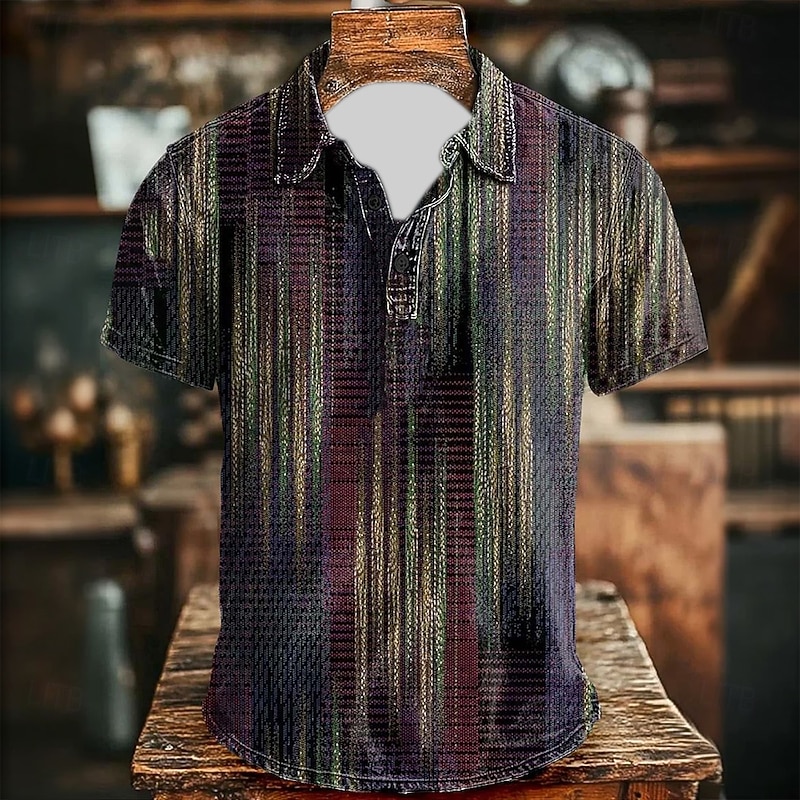 Men's Stripes Polo Short Sleeve Polo Shirts Collared Shirts Vintage Casual Street Athleisure Daily Wear Buttons Summer Black