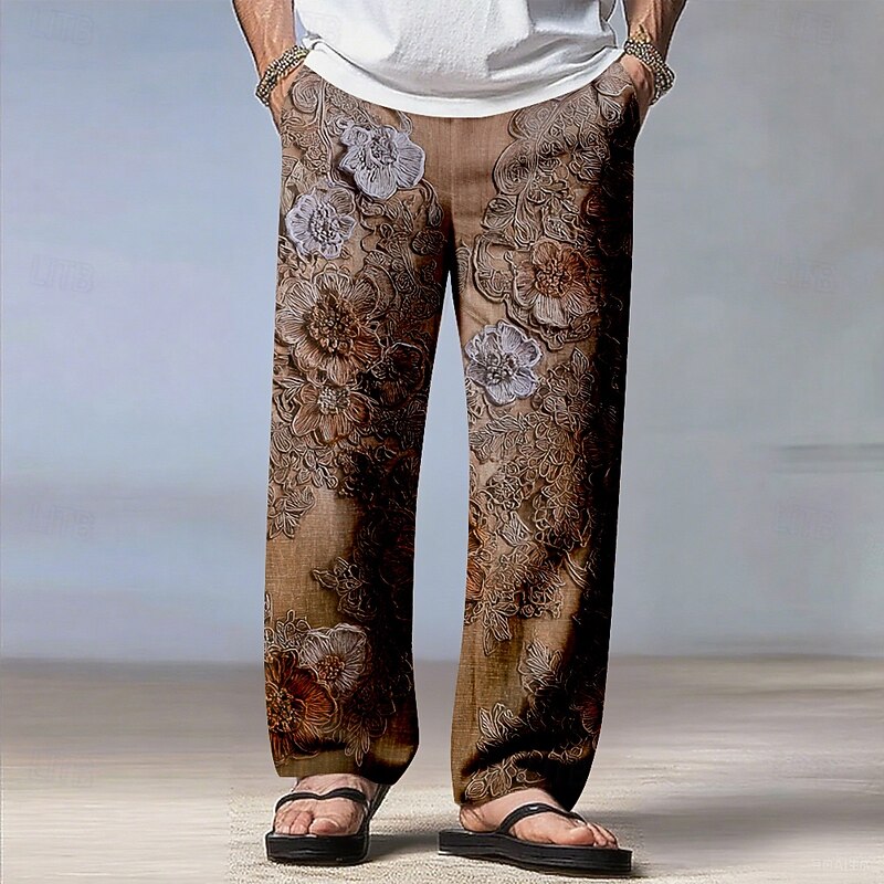 Men's Floral Print Flowers Pants Trousers Casual Pants Mid Waist Drawstring Elastic Waist Bohemian Vintage Retro Outdoor Vacation Straight Leg Trousers Spring Fall 3D Print Blue Purple Brown2