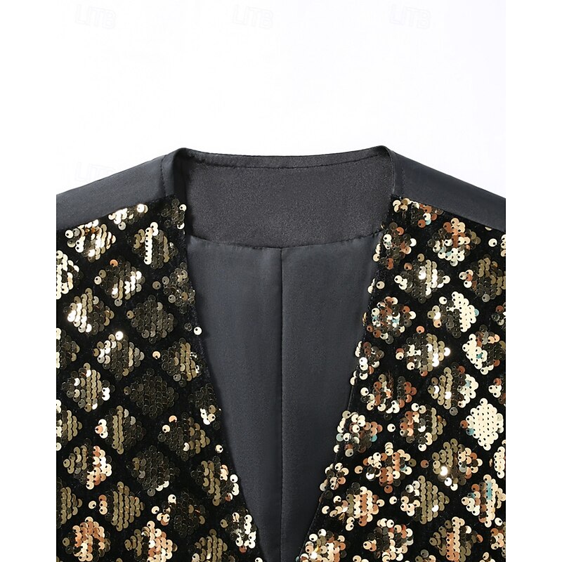 Men's Vest Waistcoat Gilet Vacation Party Business Fashion Casual Spring Fall Pocket Buttons Sequin Polyester Comfortable Argyle Single Breasted One-button V Neck Regular Fit Gold Vest4