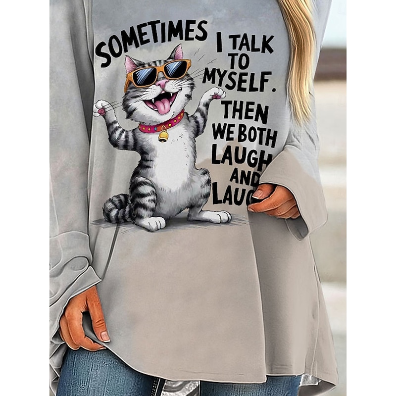 Women's T shirt Long Sleeve Graphic Animal Cat Vintage Stylish Classic Long Sleeve Crew Neck Round Neck Regular Tops Daily Print Gray Spring Fall Prefall3