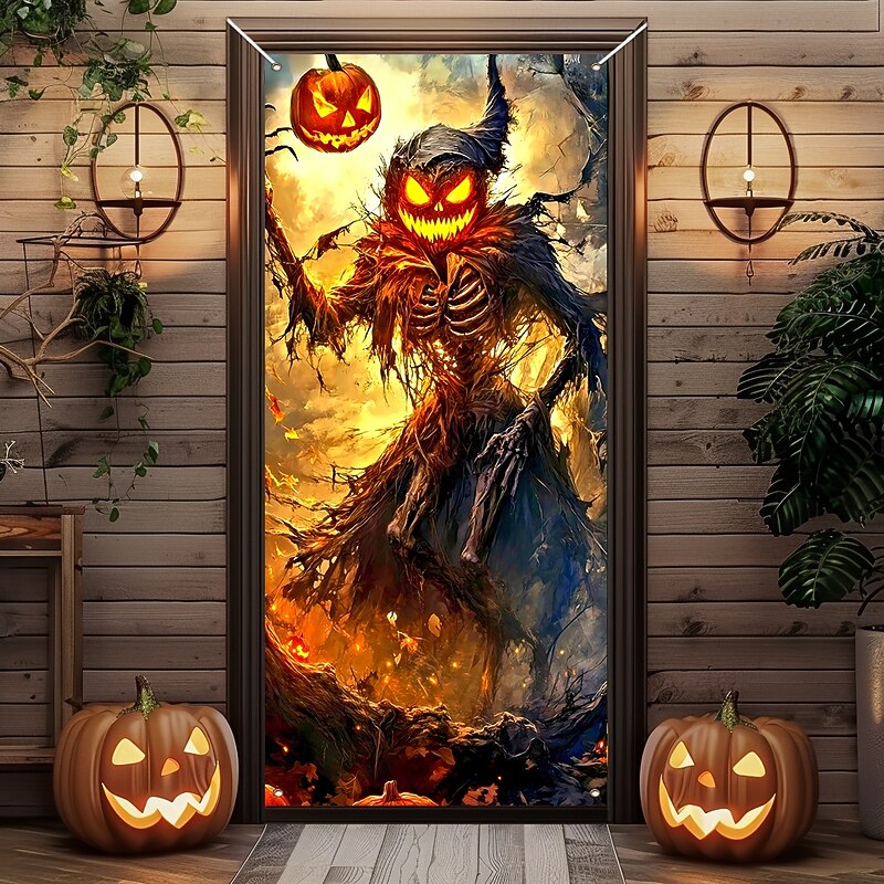 Halloween Door Cover Outdoor Banners Pumpkin Tree Demon 3D Dark Punk Gothic Style Party Outdoor Shooting Backgrounds Front Door Wall Porch Home Decor3