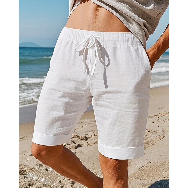Men's Shorts Linen Shorts Summer Shorts Beach Shorts Drawstring Pocket Elastic Waist Plain Comfort Breathable Short Vacation Holiday Beach Hawaiian Boho Black White