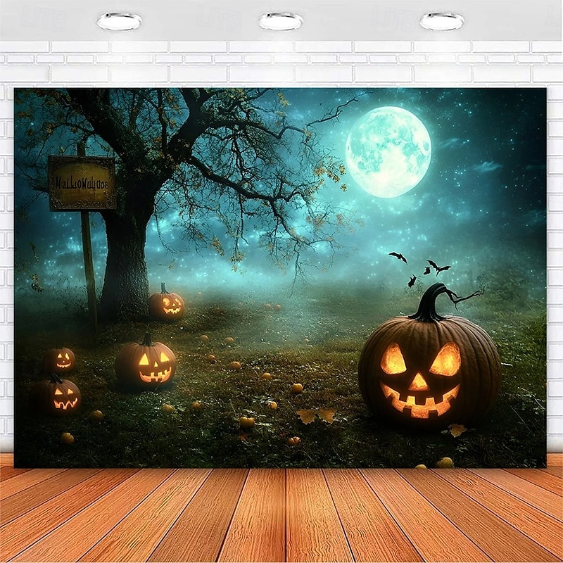 Halloween Pumpkin Tapestry – Spooky Jack-O'-Lantern Moonlight Forest Wall Art Backdrop, Large Hanging Mural Blanket Curtain for Home Bedroom Living Room Decoration