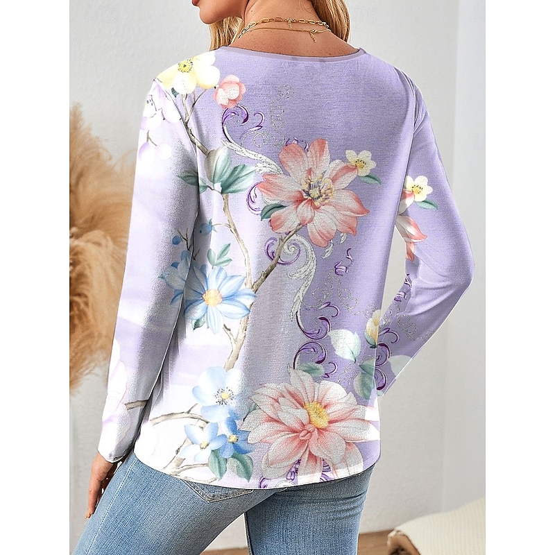 Women's T Shirt Floral Graphic Plants Elegant Vintage Stylish Long Sleeve V Neck Regular Tops Daily Weekend Zipper Print Pink Blue Purple Green Summer Spring Fall2