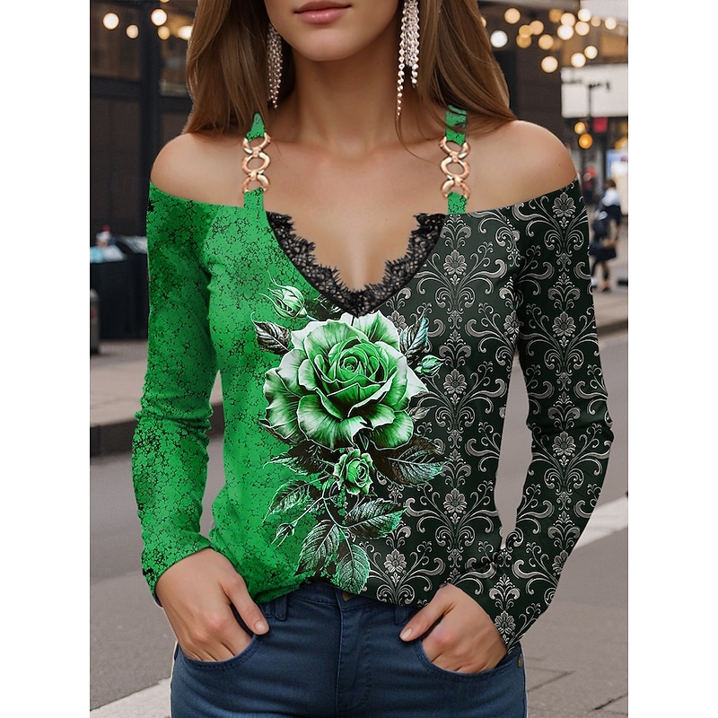 Women's T Shirt Graphic Rose Vintage Fashion Casual Long Sleeve Off Shoulder Regular Tops Daily Patchwork Print Yellow Red Blue Purple Green Summer Spring Fall3