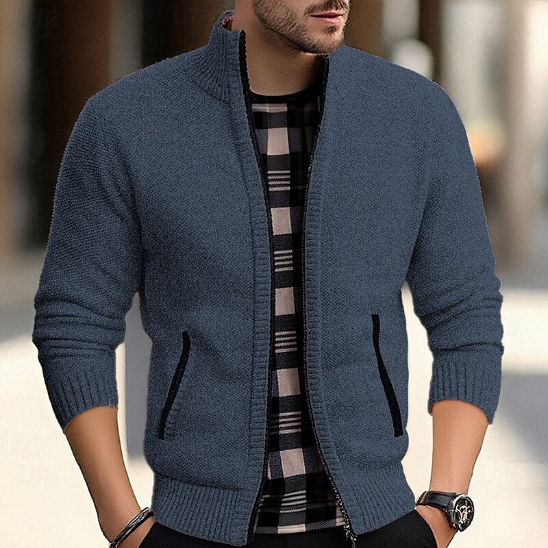 Men's Cardigan Sweater Cropped  Sweater Zip Sweater Knit Sweater Ribbed Knit Regular Tops Pocket Plain Stand Collar Fashion Classic Vacation Daily Wear Clothing Apparel Fall Winter Black Red M L XL4