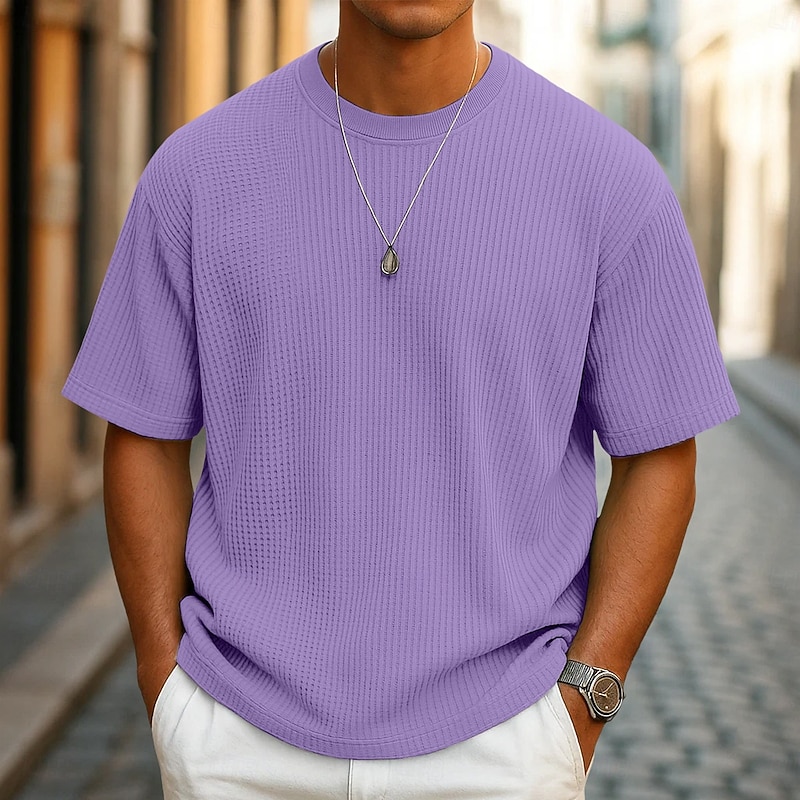 Men's Waffle T-shirt Tee Top Short Sleeve Crew Neck Summer All Seasons Solid Color Textured Fashion Designer Casual Knitted Outdoor Casual Daily Light Green Navy Blue Blue Top Tee for Men4