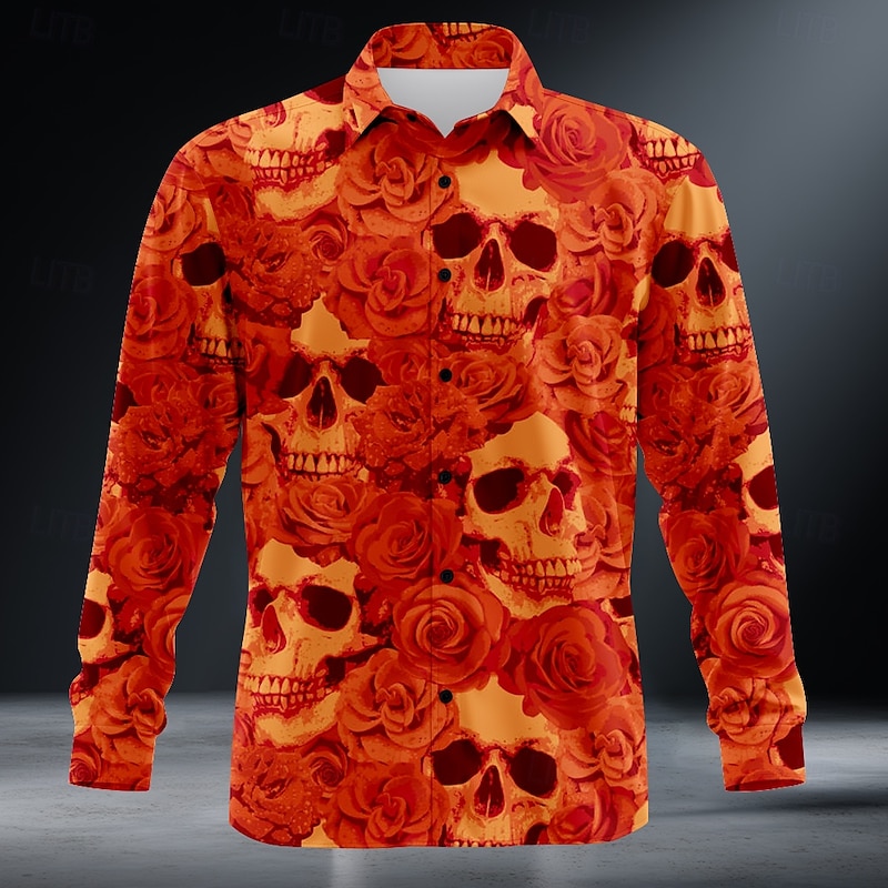 Men's Halloween Costumes Day of the Dead Shirt Button Up Shirt Long Sleeve Dark Punk Gothic Style Outdoor Holiday Summer Spring Turndown 3D Print Collared Shirts Orange red Purple Orange