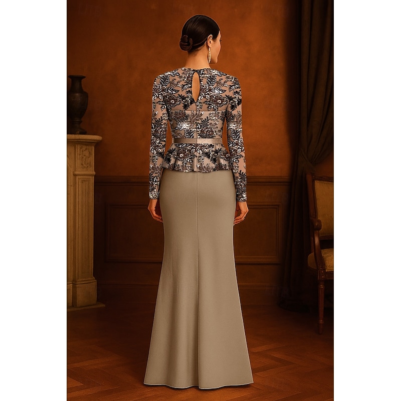 Floral Beaded Embroidered Lace Applique Mermaid / Trumpet Evening Gown Elegant Dress Formal Wedding Stretch Crepe Floor Length Long Sleeve Crew Neck with Satin Belt 20253