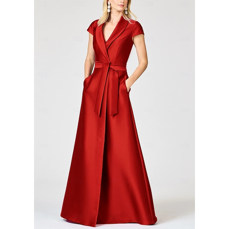A-Line Mother of the Bride Evening Gown Elegant Formal Dress Formal Wedding Floor Length Short Sleeve Lapel Pocket Satin with Bow(s) Strappy