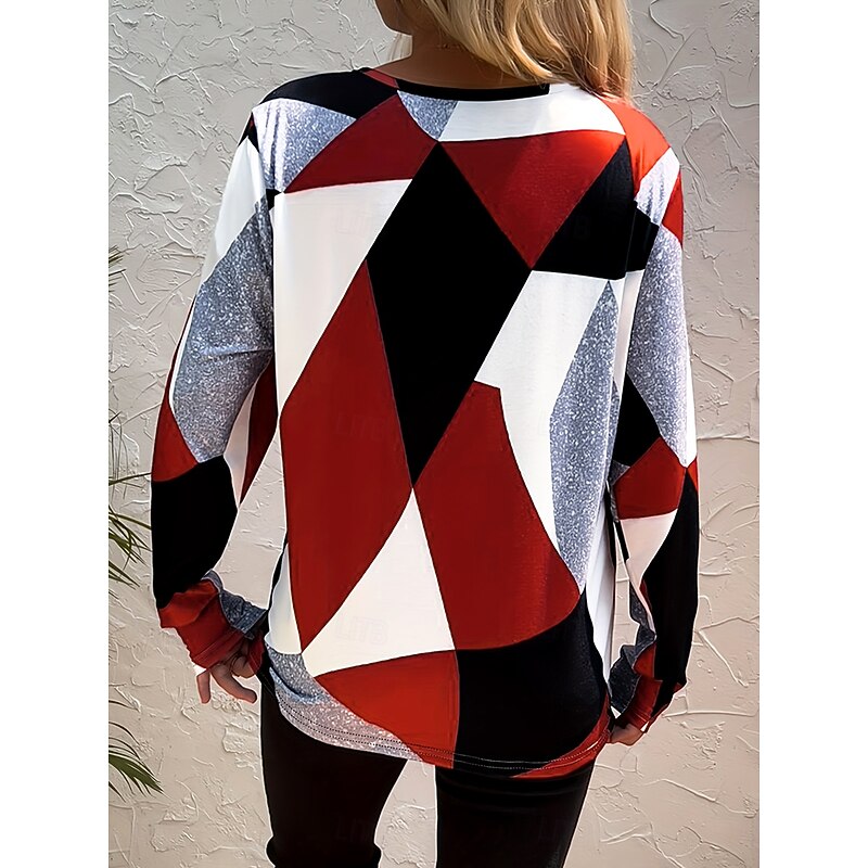 Women's T Shirt Graphic Geometric Color Block Vintage Stylish Classic Long Sleeve Crew Neck Round Neck Regular Tops Daily Print Red Summer Spring Fall2