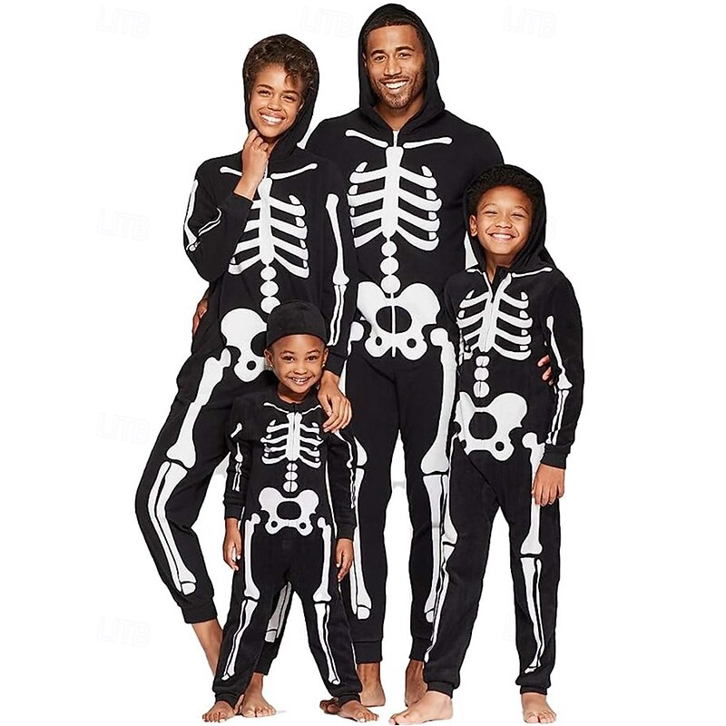 Family Pajamas Jumpsuit Halloween pattern Home Print Black Long Sleeve Basic Matching Outfits