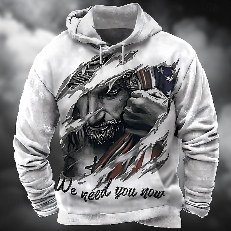 Men's Jesus Faith Hoodie Sweatshirt Cool Party Crew Neck Club Streetwear White Red Drawstring Fall Winter Designer