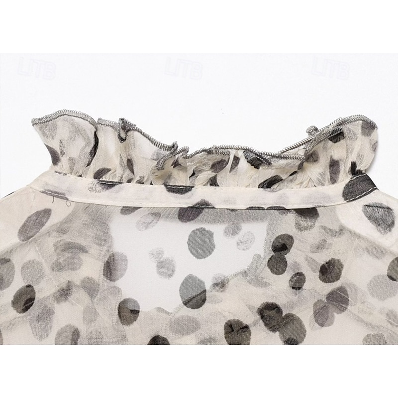 Women's Shirt Flowy Tops Polka Dot Elegant Bohemia Vintage Long Sleeve Lantern Sleeve High Neck Regular Tops Work Daily Holiday Tie Front Ruffle Beige Summer Spring4