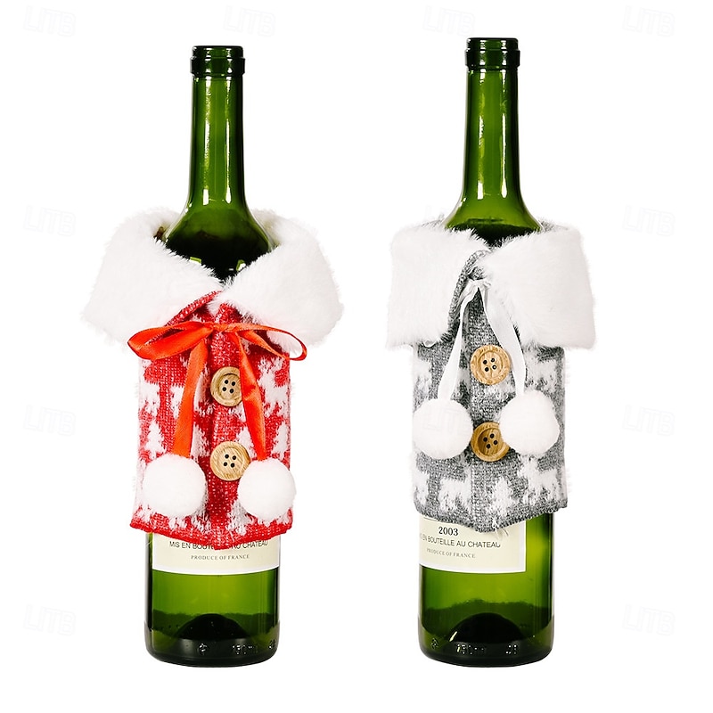2Pcs Christmas Wine Bottle Covers, White Collar Printed Burlap Wine Bottle Sleeves, Holiday Rustic Wine Bottle Decorations4
