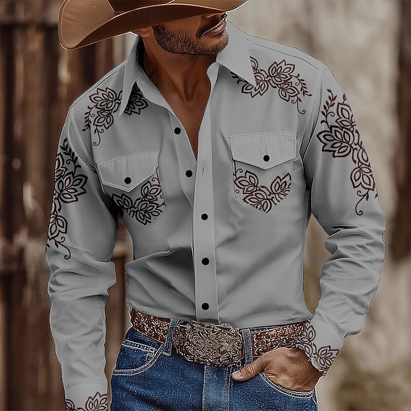 Men's Floral Print Ethnic Flowers Shirt Western Shirt Cowboy Shirt Long Sleeve Vintage Retro Outdoor Casual WorkWear Summer Spring Fall Turndown Front Two Pockets Button Up Shirts Khaki Gray2
