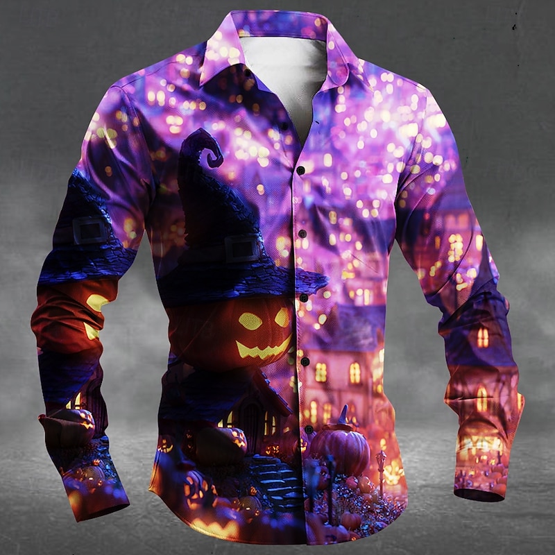 Halloween Men's Pumpkin Haunted House Jack-o'-lantern Shirt Button Up Shirt Long Sleeve Dark Punk Gothic Style Outdoor Holiday Summer Spring Turndown 3D Print Collared Shirts Blue Purple Orange3