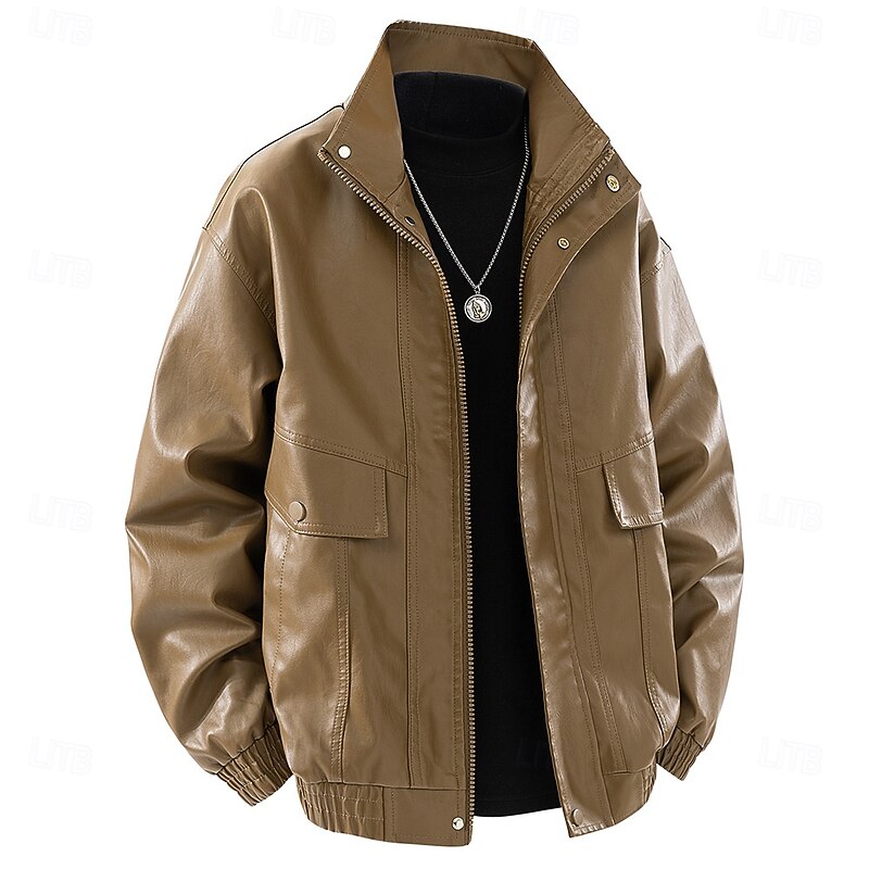 Men's Faux Leather Jacket Motorcycle Jacket Outdoor Casual Windbreaker Zipper Fall Winter Solid Color Punk Active Stand Collar Regular Black Green Khaki Jacket2