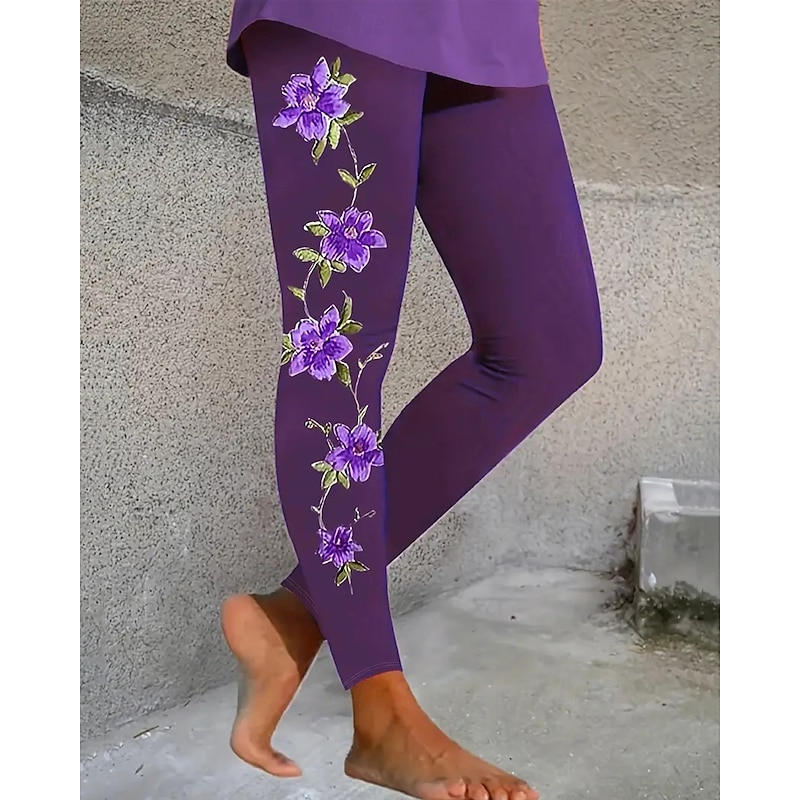 Women's Pants Trousers Leggings Cozy Leggings Streetwear Casual Full Length High Waist Floral Elastic Waist Print Breathability Comfortable Stretchy Vacation Street Daily Wear Purple Spring Fall2