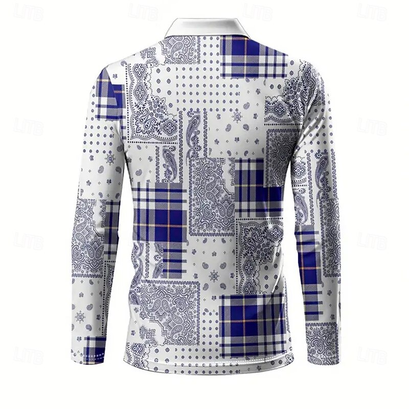 Men's Color Block Polo Long Sleeve Polo Shirts Lapel Vintage Casual Outdoor Athleisure Daily Wear 3D Print Buttons Spring Fall Winter Blue2