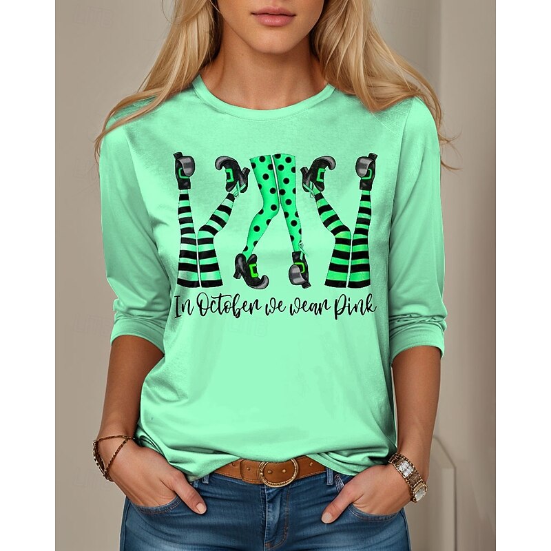 Halloween Women's T shirt Witch Graphic Letter Vintage Fashion Stylish Long Sleeve Crew Neck Round Neck Regular Tops Daily Weekend Print Pink Blue Purple Green Spring Fall Winter4