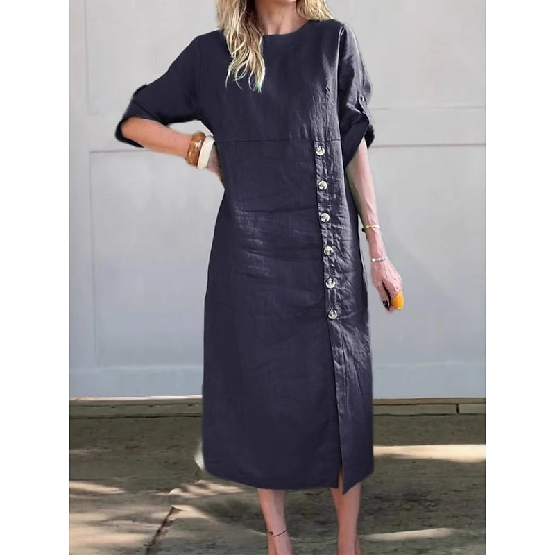 Women's Midi Dress Casual Dress Cotton Linen Dress Basic Modern Daily Weekend Regular Fit Plain 3/4 Length Sleeve Crew Neck Black Yellow Blue Brown Summer Spring Fall4