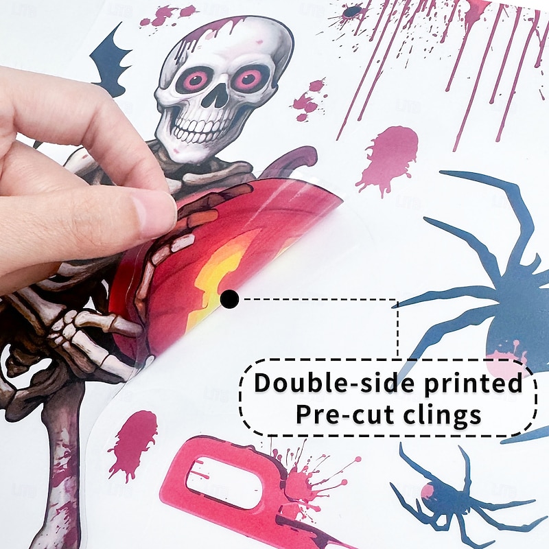 6 Sheets Halloween Window Cling Wall Sticker Decals Decorations, Creative Skulls, Bats, Pumpkins, Bloody Handprints & Spiders, Static Cling, Halloween Party Home & Store Decor2