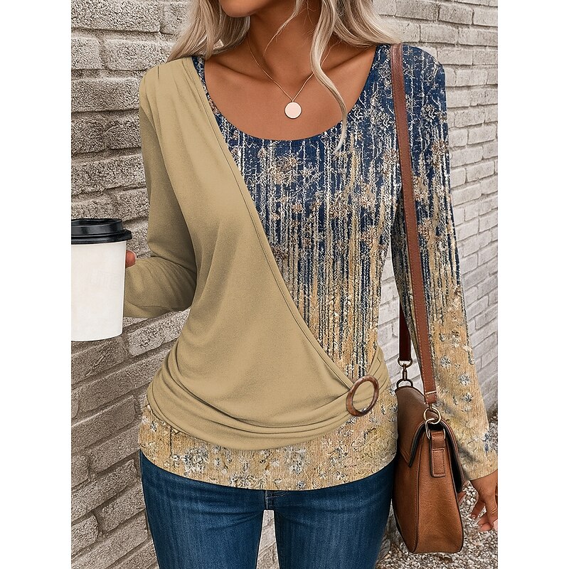 Women's T Shirt Ombre Geometric Vintage Casual Long Sleeve Crew Neck Regular Tops Daily Patchwork Print Pink Blue Purple Green Khaki Summer Fall Winter