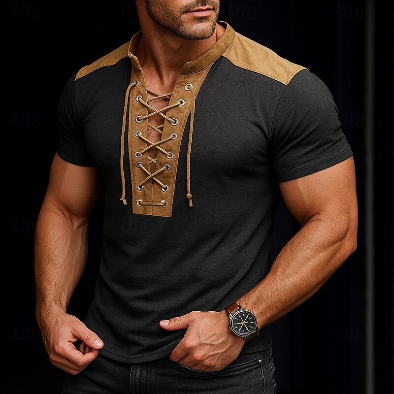 Men's T Shirt Tee Short Sleeve Collar V Neck Summer All Seasons Color Block Vintage Fashion Casual Lace up Print Casual Daily Sports Dark Grey Blue Dark Brown Top Tee for Men3