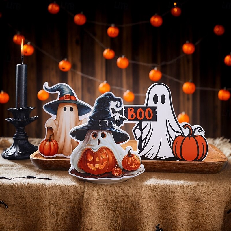 3PCS Halloween Decor Foam Board Ghost and Pumpkin Shape Home Tabletop Decorations Spooky Indoor Craft Ornaments for Halloween Atmosphere