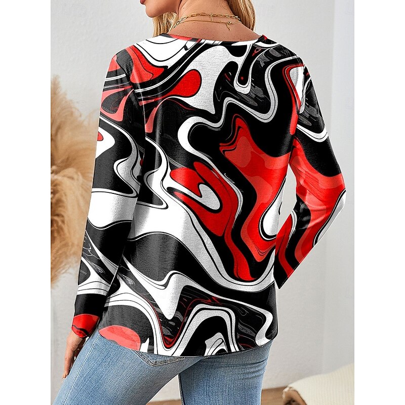 Women's T Shirt Graphic Geometric Color Block Vintage Stylish Classic Long Sleeve Crew Neck Regular Tops Daily Print Yellow Pink Red Blue Spring Fall Winter2