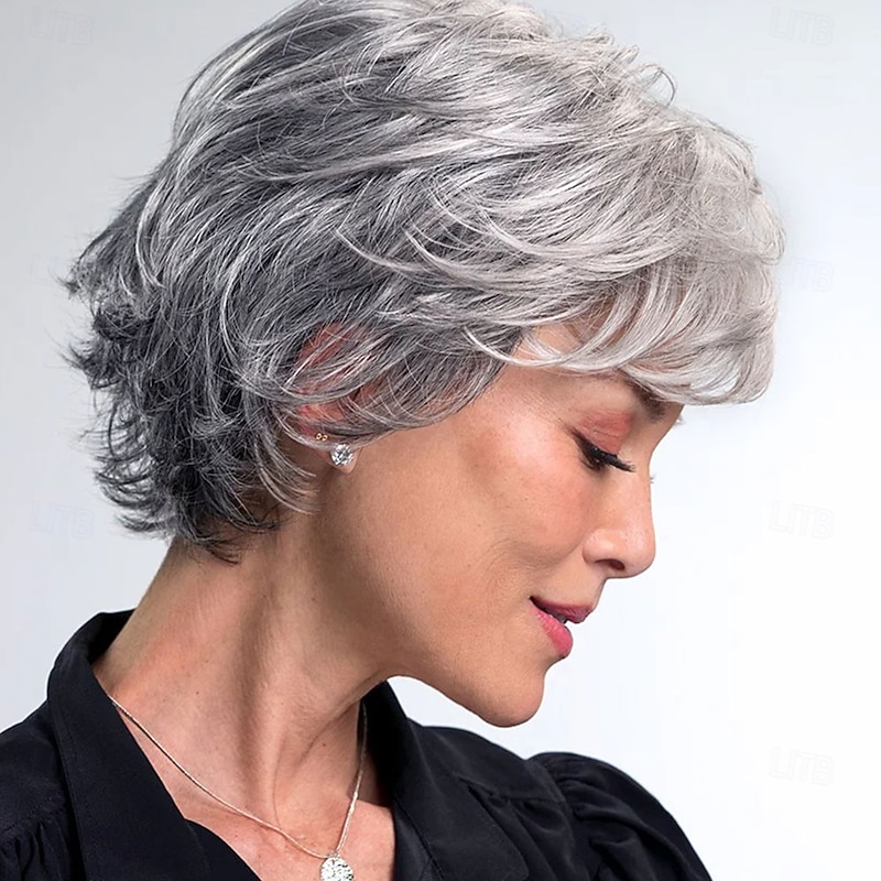 Women’s Short Silver Grey Layered Wig with Bangs Natural Looking Realistic Synthetic Hair Heat Resistant Elegant Daily Wear Fashion Style2