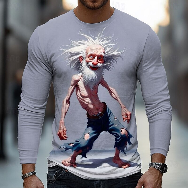 Men's 3D Old Man T Shirt Long Sleeve T shirt 3D Print Crew Neck Shirt Fashion Basic Street Casual Daily Light Brown Khaki Dark Gray Summer Spring Clothing Apparel S M L XL XXL XXXL