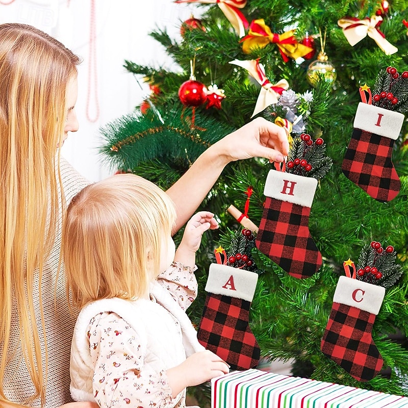 Christmas Stocking Red Black Plaid Alphabet Mini Sock Holiday Gift Bag Hanging Ornament for Christmas Decoration Home Fireplace Festive Party Seasonal Accessory3