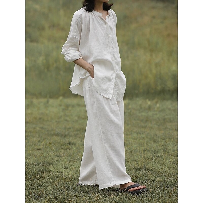 Women's Elegant Fashion Streetwear Cotton Linen Sets Long Sleeve Shirt Collar Plain Outdoor Work Casual White Summer Regular Fit