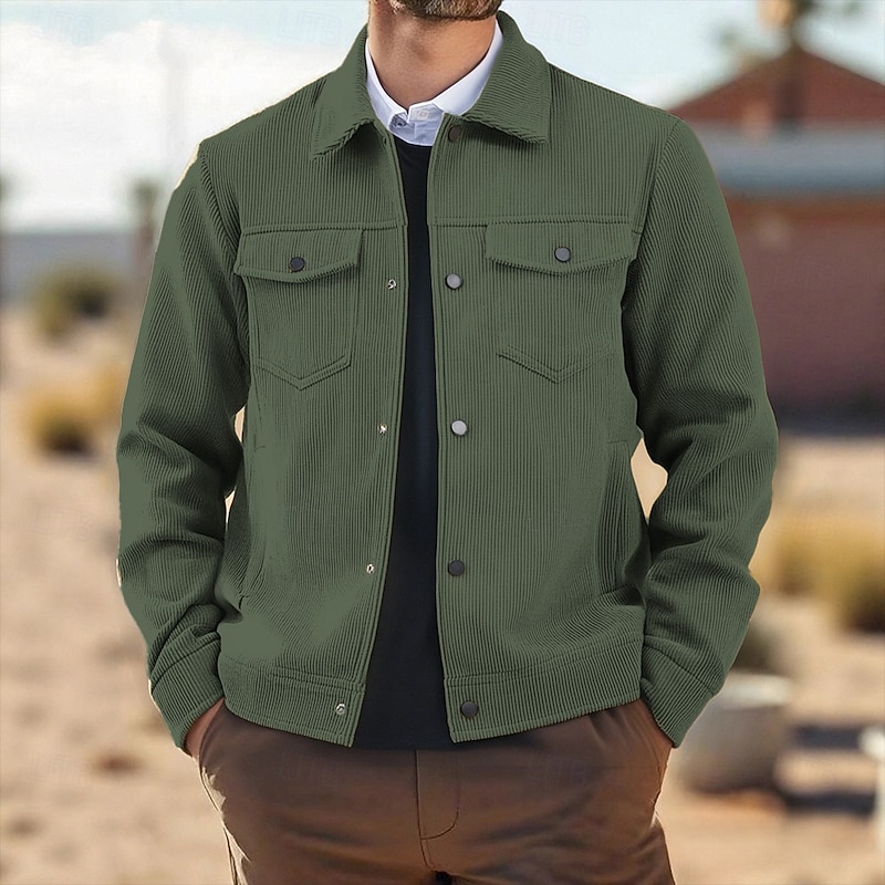 Men's Corduroy Shirt Shirt Jacket Winter Jacket Plain Vacation Daily Wear Black Army Green Beige Coffee Long Sleeve Lapel Fall Winter Clothing Apparel Pocket4