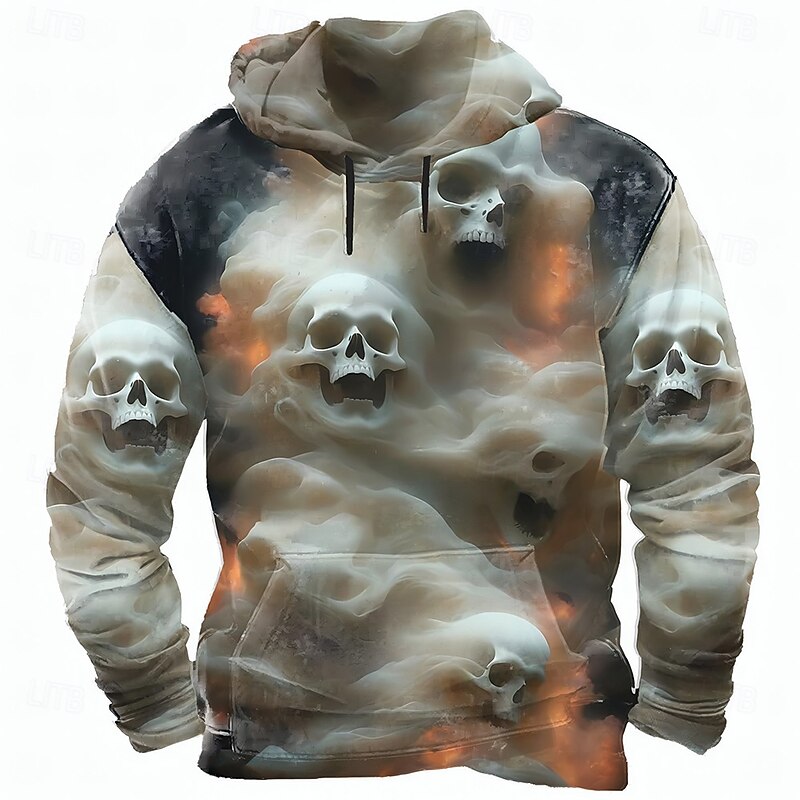 Halloween Men's Skull 3D Hoodie Sweatshirt Punk Exaggerated Long Sleeve Crew Neck Club Streetwear Light Green Blue Drawstring Fall Winter Designer2