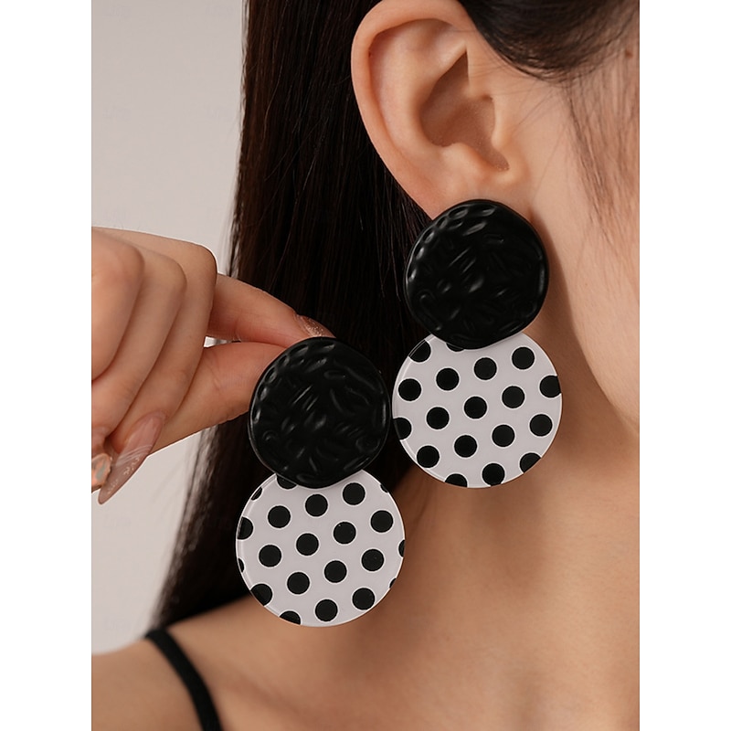 Women's Black and White Polka Dot Statement Drop Earrings - Retro Gatsby Style Bold Jewelry for Parties and Vintage Themed Events